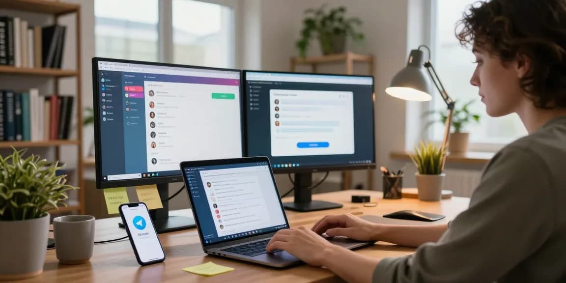 Engaged user interacting with Telegram Web Version in a modern workspace.
