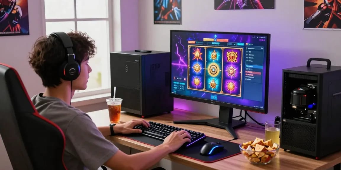 Pemain bermain slot88 di ruang permainan dengan monitor besar dan aksesori gaming menarik.
