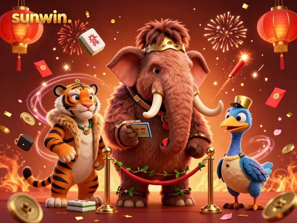 Experience the thrill of sunwin. with vibrant characters at an online casino entrance amidst festive elements.