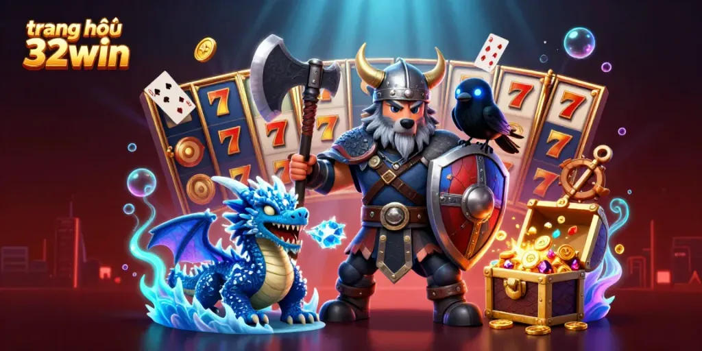 Experience winnings at trang chủ 32win with Viking warrior, fierce dragon, and slot game elements.