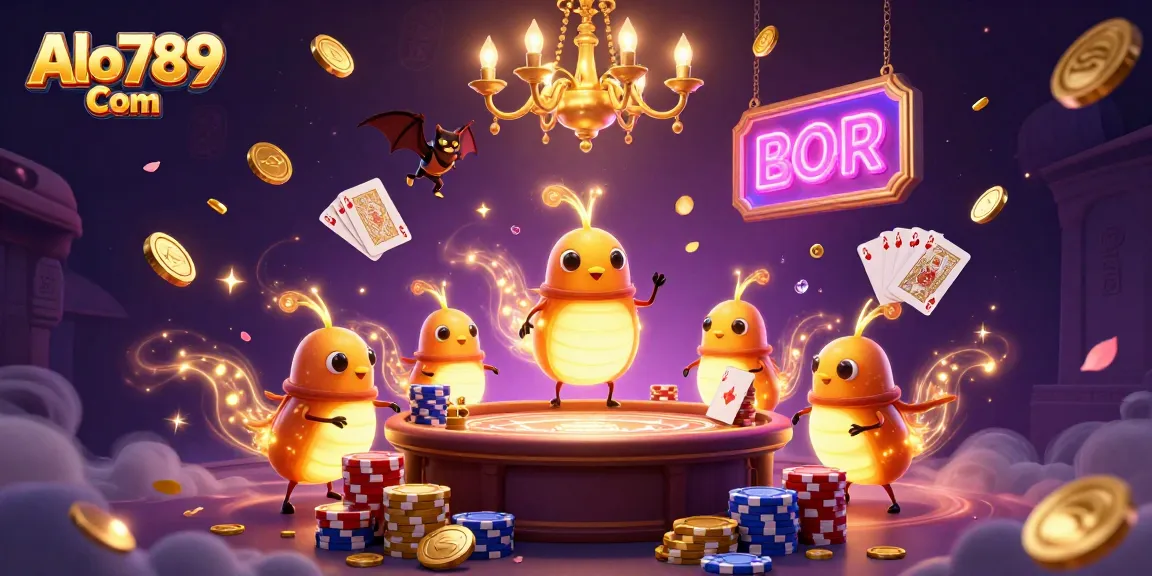 Enjoy thrilling cockfighting action at Alo789 Com, illuminated by glowworm characters and vibrant casino elements.
