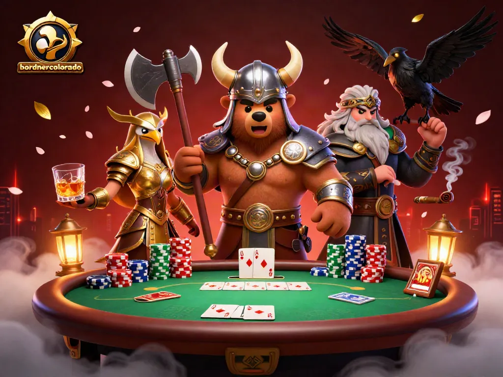 Engage with bordnercolorado's vibrant casino illustration featuring a Viking bear and Valkyrie eagle amidst dynamic poker elements.