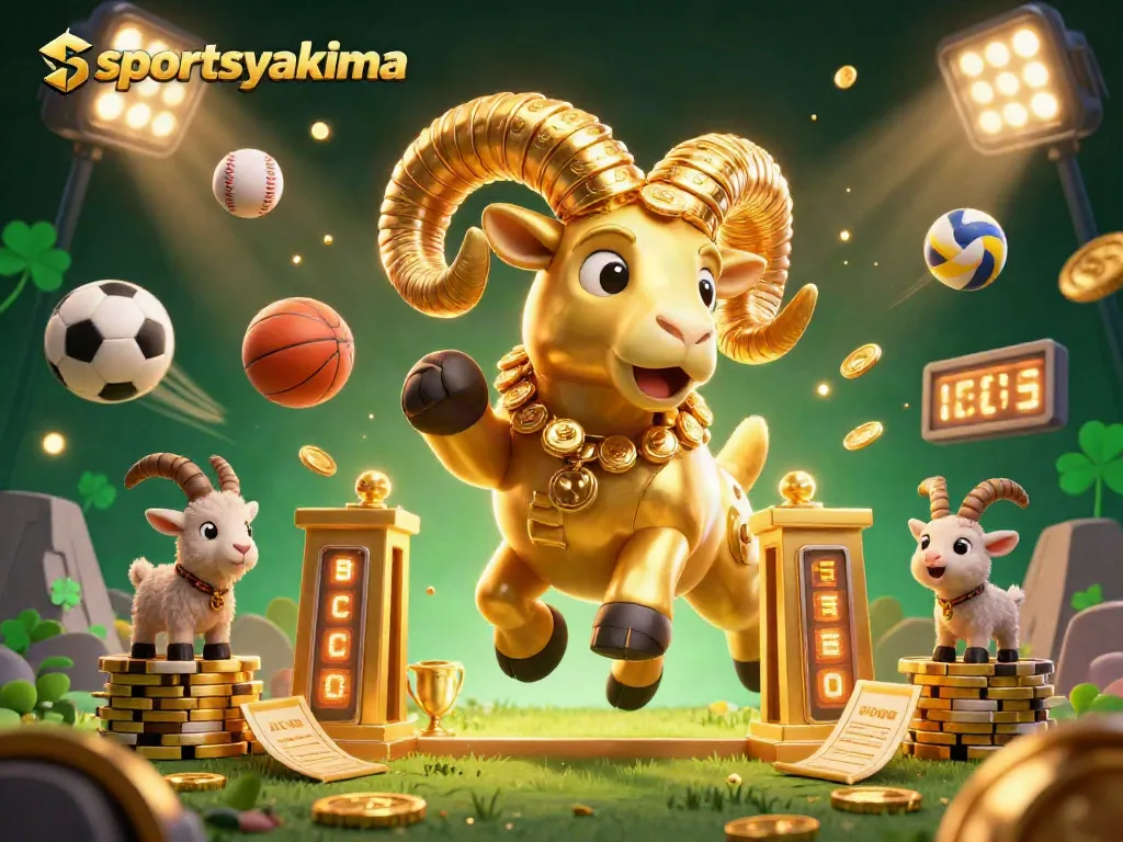 Engaging sportsyakima 3D cartoon illustration depicting dynamic sports action with golden ram and casino elements