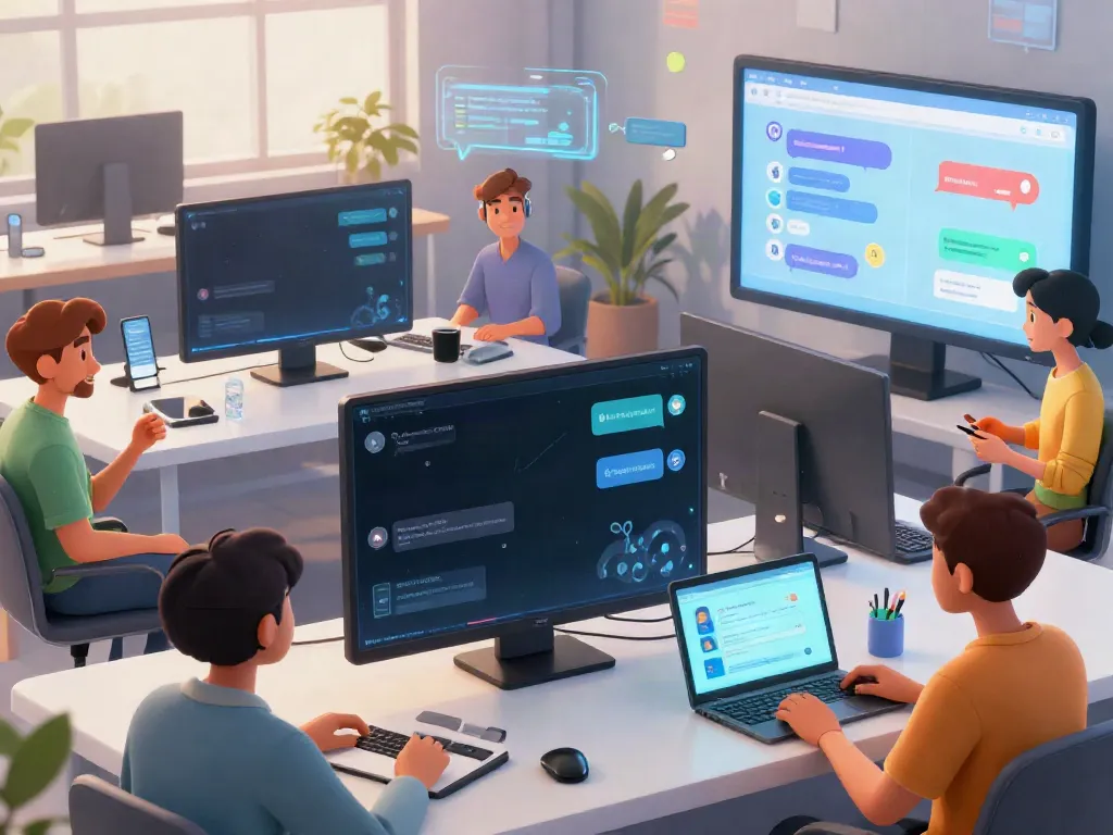 Vibrant workspace illustrating juicy chat ai interactions with diverse avatars and advanced tech.