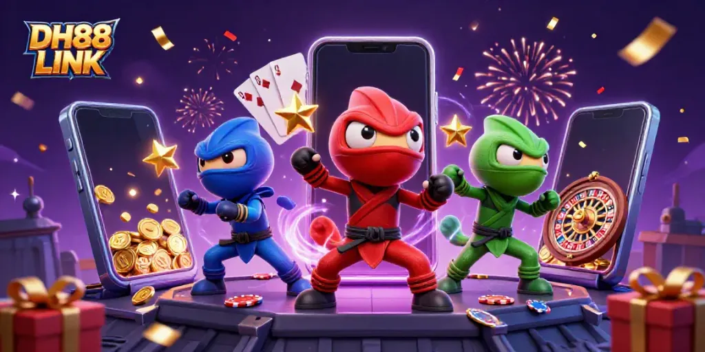 Experience the thrill of DH88 LINK with vibrant casino-themed chameleons in action on a rooftop.