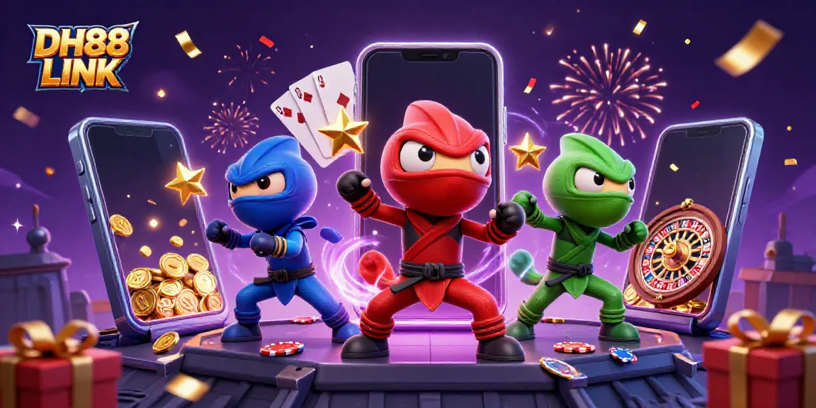 Experience the thrill of DH88 LINK with vibrant casino-themed chameleons in action on a rooftop.