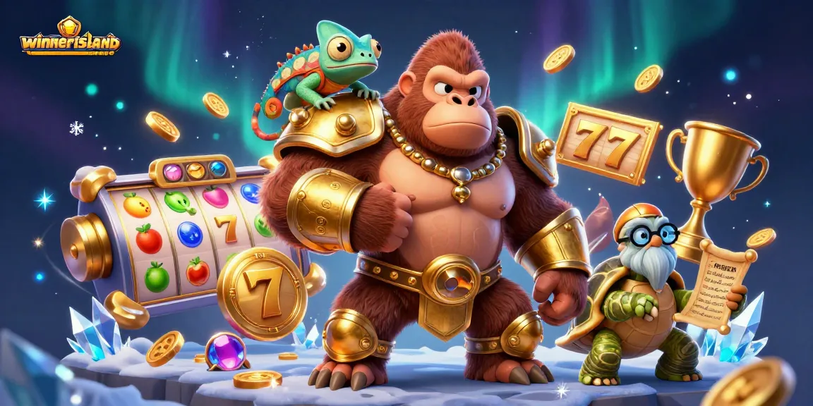winnerislandcasino showcases its vibrant theme with a gorilla king and chameleon amidst lively slot game elements.
