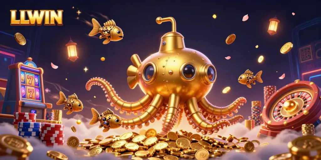 Experience thrilling LLWIN gaming with the golden kraken submarine amid cascading coins and vibrant casino elements.