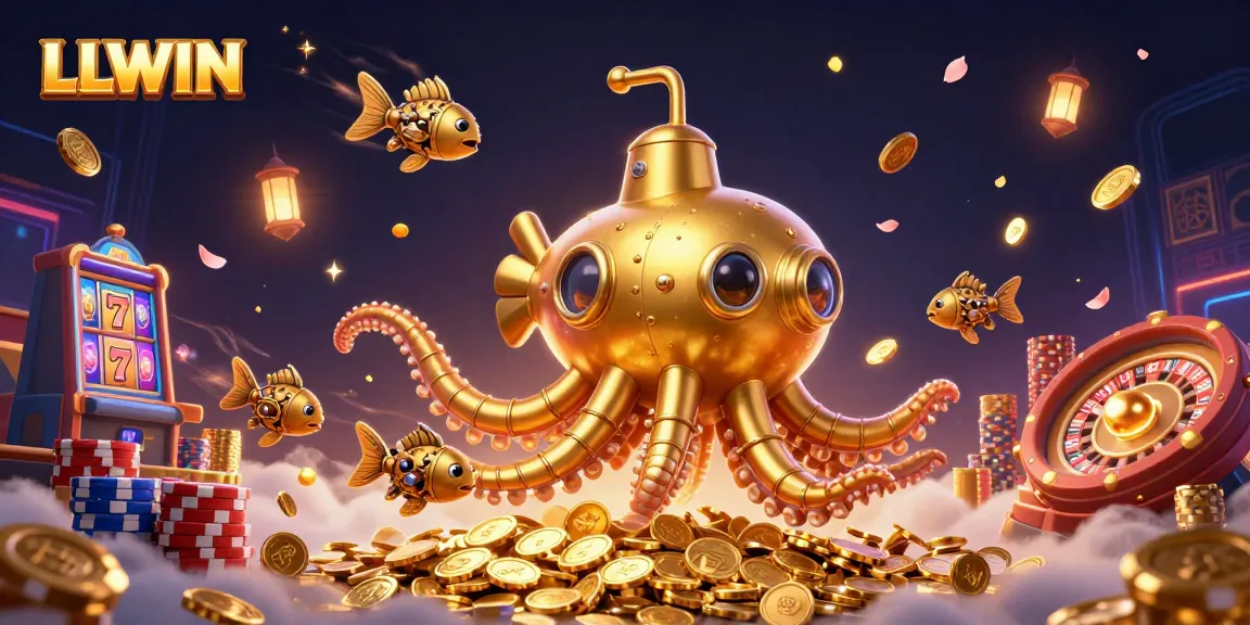 Experience thrilling LLWIN gaming with the golden kraken submarine amid cascading coins and vibrant casino elements.