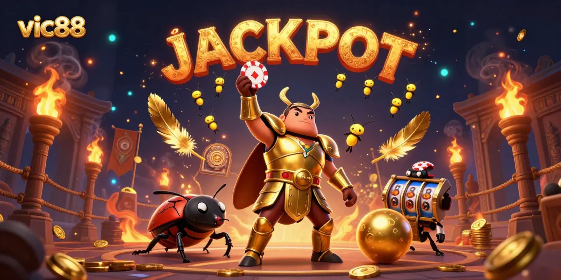 Experience vic88's vibrant casino world with a victorious beetle character and dazzling jackpot display.