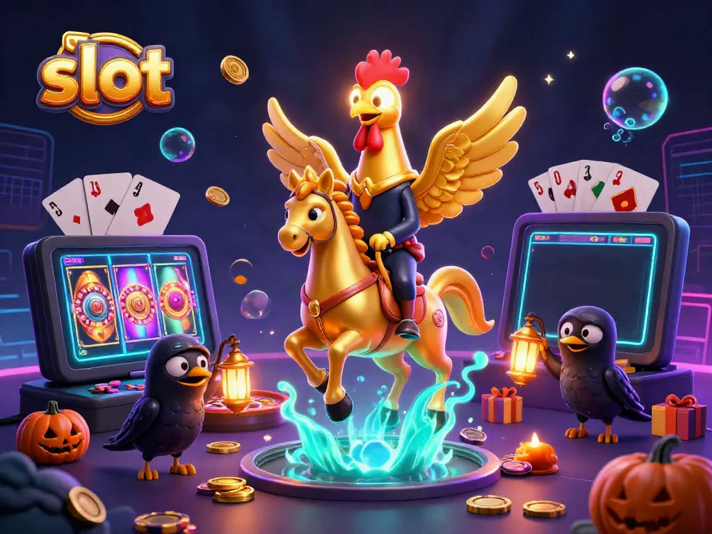 Engage with dynamic slot game action featuring a golden rooster in a midnight casino.