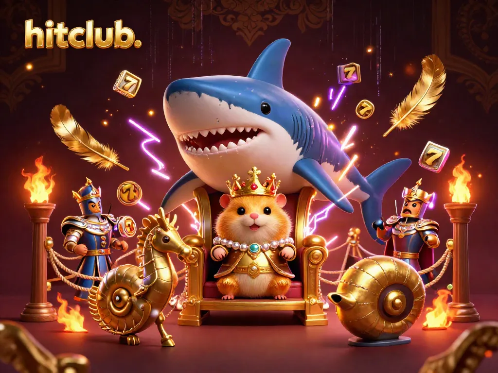 Explore hitclub. with a golden hamster king in a vibrant casino scene filled with slot reels.