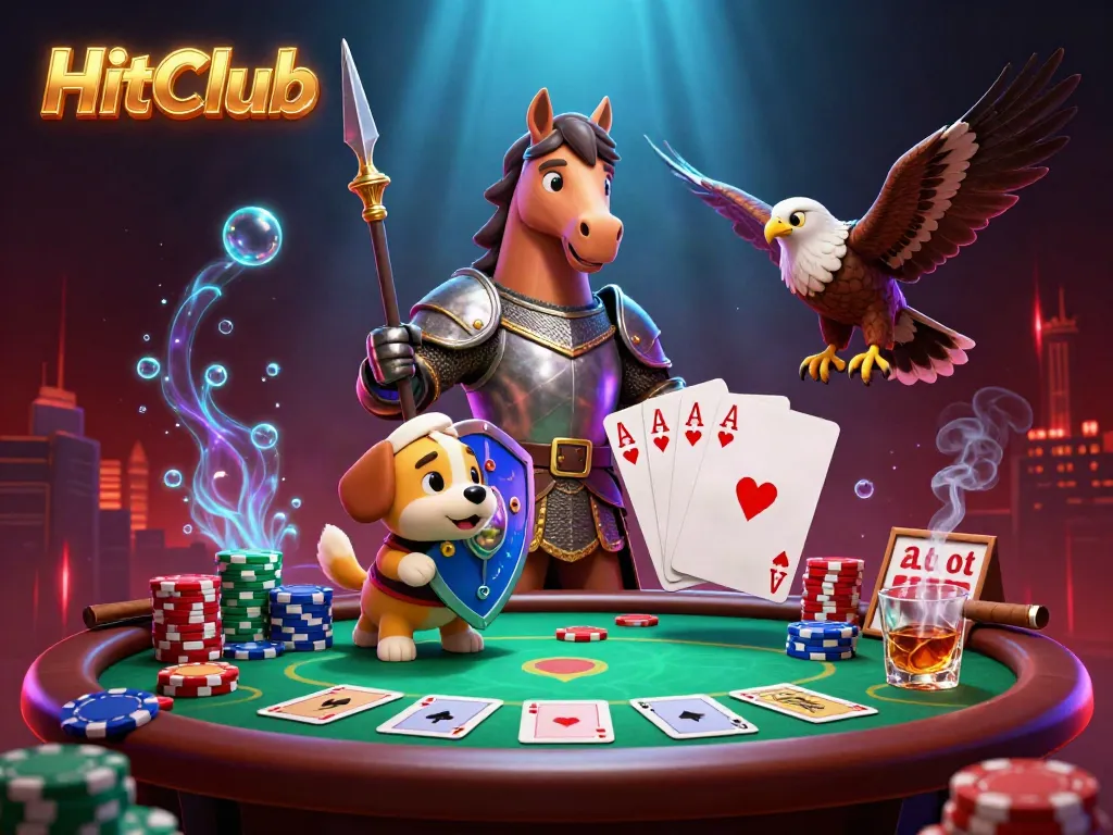 HitClub features a knight and puppy by a poker table, showcasing thrilling casino vibes.