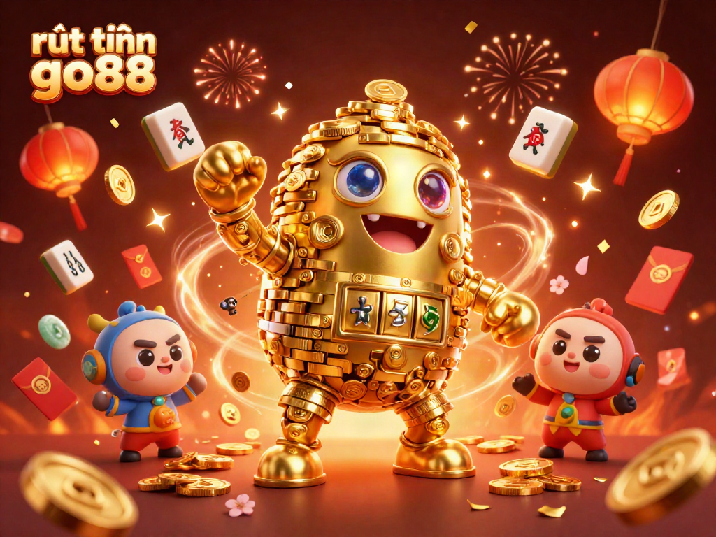 Experience the thrill of rút tiền go88, with a vibrant 3D illustration featuring a golden golem, celebration elements, and casino motifs.
