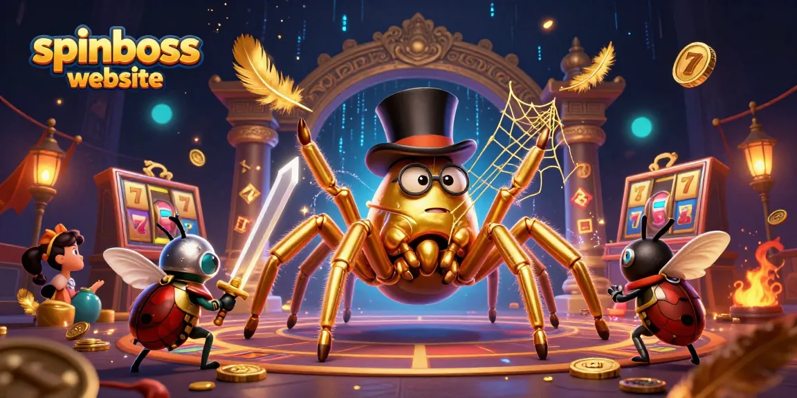 Engage with the spinboss website's vibrant casino adventure through a magical 3D scene of a golden tarantula.