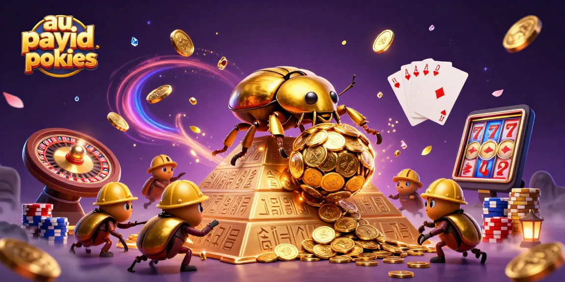 Play exciting au payid pokies with vibrant gold coins and festive casino symbols.