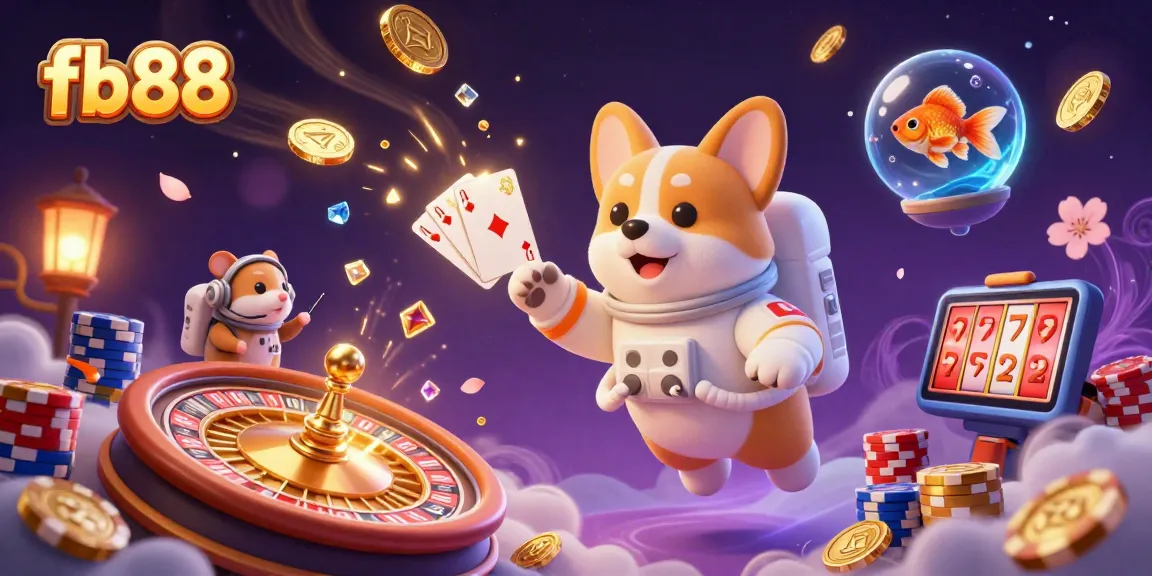 Engage with fb88 in this 3D casino illustration showcasing vibrant action with lucky charms and floating treasures.