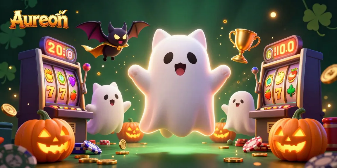 Aureon Casino features a ghost cat and bat amidst dynamic slot game elements and glowing jackpots.