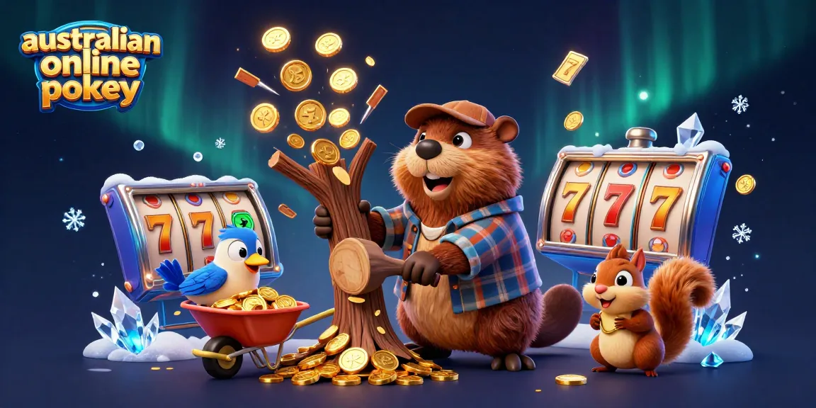 A lively 3D scene showcasing the excitement of australian online pokies with a beaver, bird, and squirrel collecting coins and surrounded by slot machines.